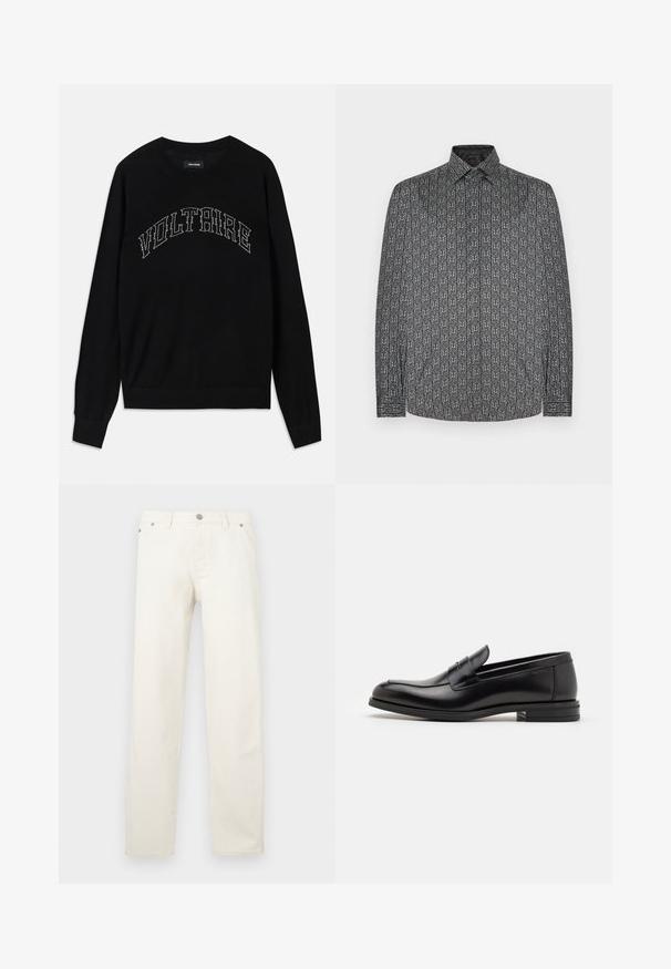 Schwarzer Pullover mit Rundhalsausschnitt und langen Ärmeln. "VOLTAIRE" in kontrastierender Steppung über der Brust. Weicher Stoff und figurbetonter Schnitt.; Langärmeliges Hemd mit dunkelgrauem Grundton und einem sich wiederholenden abstrakten weißen Muster. Sichtbare Knopfleiste am Kragen und Manschetten.; Weiße Jeans mit geradem Bein aus Denim, ausgestattet mit Knopfleiste, Gürtelschlaufen und fünf Taschen. Der Stoff hat eine glatte Textur.; Schwarze Lederloafers mit glatter Textur, rundem Zehenbereich und einem dekorativen Riemen über dem Vorderfuß. Niedriger, gestapelter Absatz, minimalistisches Design.