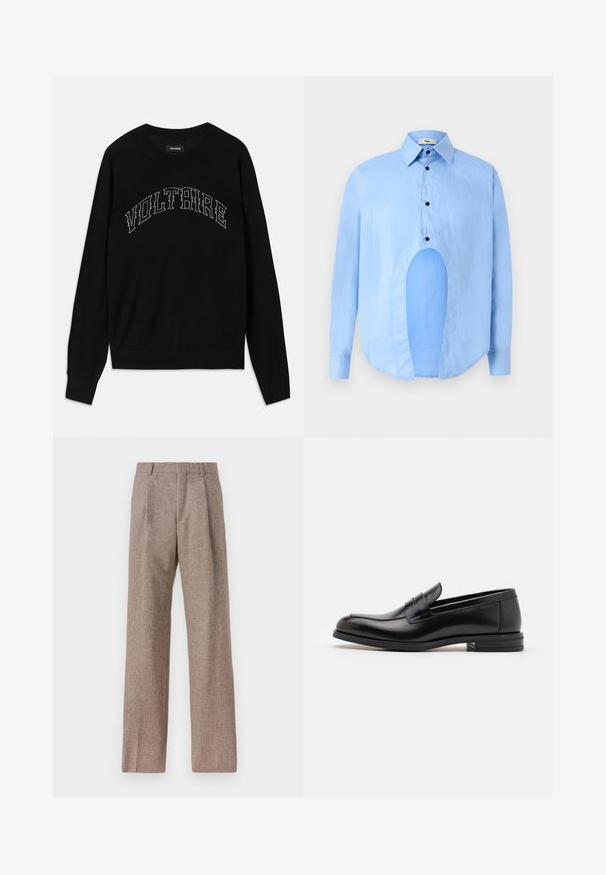 Black sweater with a crew neck and long sleeves. "VOLTAIRE" in contrasting stitching across the chest. Soft texture and fitted design.; Light blue long-sleeve shirt with a pointed collar, black buttons, and a unique cutout in the front for distinctive design.; Brown, high-waisted trousers made of textured fabric. Features wide legs and two front pleats for structure. Neat finish with no visible hardware.; Black leather loafers with a smooth texture, rounded toe, and a decorative strap across the vamp. Low stacked heel, minimalist design.