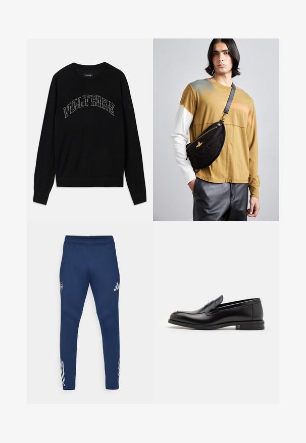 Czarny sweter z okrągłym dekoltem i długimi rękawami. Napis "VOLTAIRE" w kontrastowym ściegu na klatce piersiowej. Miękka faktura i dopasowany krój.; Granatowe spodnie sportowe z elastycznym pasem, zwężanym krojem nogawki, srebrnym logo na udzie oraz charakterystycznymi trzema paskami na dolnej części nogawki.; Czarne skórzane mokasyny o gładkiej fakturze, zaokrąglonym nosku i dekoracyjnym pasku na przodzie. Niski, warstwowy obcas, minimalistyczny design.; Vivienne Westwood CITY UNISEX czarny
