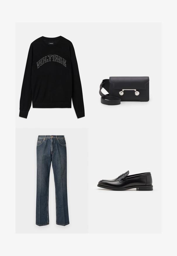 Jersey negro con cuello redondo y mangas largas. "VOLTAIRE" en costura contrastante en el pecho. Textura suave y diseño ajustado.; Vaqueros de mezclilla de pierna recta en azul oscuro con botón frontal, cremallera, dobles bolsillos frontales y pliegues verticales visibles a lo largo de las piernas.; Mocasines de cuero negro con una textura suave, puntera redondeada y una tira decorativa en el empeine. Tacón bajo apilado, diseño minimalista.; Bolso cruzado de cuero negro con cierre de solapa, herrajes en tono plata y dos acentos redondos. Cuenta con una correa desmontable. Textura suave.