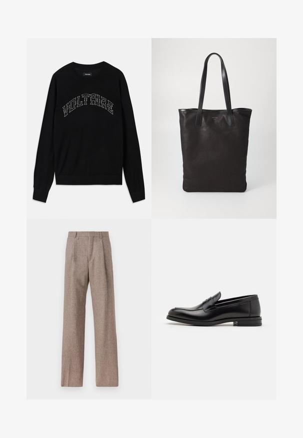 Čierny sveter s okrúhlym výstrihom a dlhými rukávmi. Na hrudi je nápis "VOLTAIRE" v kontrastnom šití. Mäkka textúra a priliehavý strih.; Hnedé, vysoké nohavice vyrobené z texturovanej látky. Majú široké nohavice a dva predné záhyby pre štruktúru. Úhľadné spracovanie bez viditeľného kovania.; Čierne kožené mokasíny s hladkou textúrou, zaoblenou špičkou a dekoračným pásikom cez priehlavok. Nízky vrstvený opätok, minimalistický dizajn.; Čierna plátená taška s čiernymi koženými ušami. Jednoduchý dizajn, priestranné telo a hladká textúra. Žiadne viditeľné logo ani vzory.