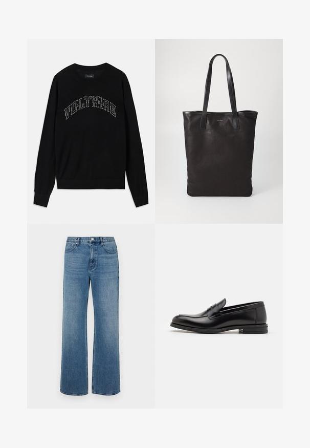Pull noir avec un col rond et des manches longues. "VOLTAIRE" en couture contrastée sur la poitrine. Texture douce et design ajusté.; Jean bleu à jambes larges en denim avec une finition délavée. Comprend cinq poches, une fermeture à bouton à l'avant et une coupe droite.; Mocassins en cuir noir avec une texture lisse, bout rond et une sangle décorative sur le dessus. Talon bas empilé, design minimaliste.; Sac fourre-tout en toile noire avec des poignées en cuir noir. Design simple, corps spacieux et texture lisse. Pas de logos ou motifs visibles.