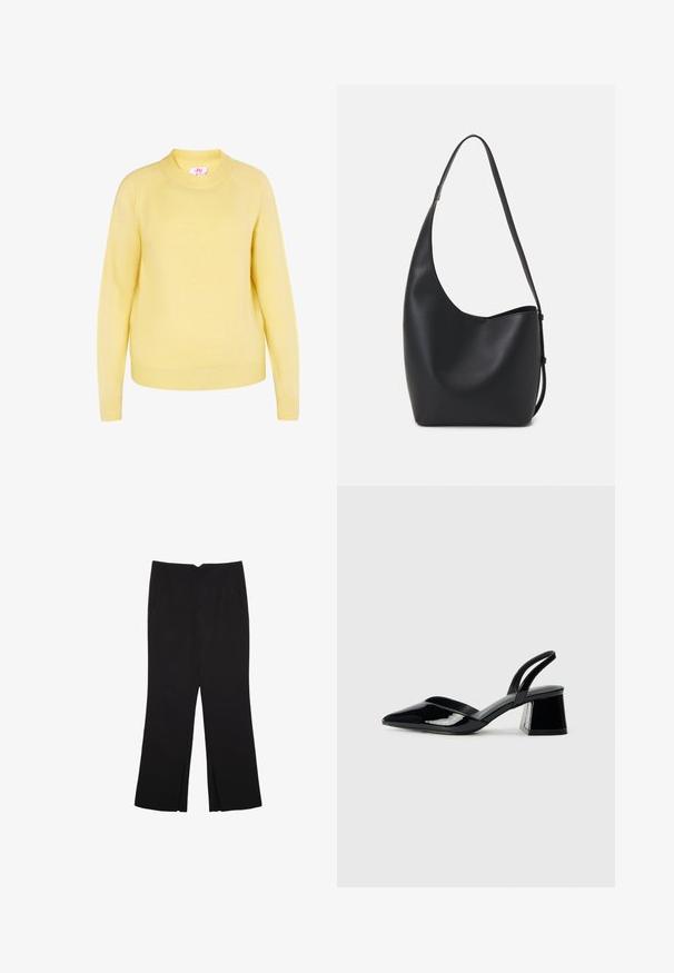 Gelb gestrickter Pullover mit Rundhalsausschnitt, gerippten Aufschlägen und Saum. Aus weichem Material mit glatter Textur gefertigt und bietet ein klassisches Design.; Schwarze Hose mit geradem Schnitt, ausgestattet mit Fronttaschen und Seitenschlitzen am Saum. Hergestellt aus weichem, glattem Stoff. Geeignet für verschiedene Anlässe.; Schwarze Lackleder-Slingback-High Heels mit spitzem Schuh und einem geometrischen Blockabsatz. Verfügt über ein schlankes, minimalistisches Design und eine glatte Textur.; Schwarze Leder-Hobo-Tasche mit einer glatten Textur, geschwungener Form und einem einzelnen verstellbaren Tragegurt; verfügt über eine weite Öffnung am oberen Ende.