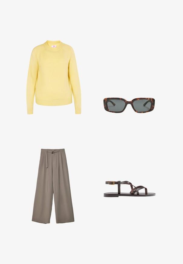 Gul strikket trøje med rund hals, ribbede mansjetter og kant. Fremstillet af blødt materiale med en glat tekstur, der har et klassisk design.; Vide ben bukser i et blødt, afdæmpet grå stof, med en bælte i taljen og plisseringer for ekstra designdetalje. Glat tekstur, ingen mønstre.; Brune lædersandal med krydsende stropper, ankelspænde og en flad sål med minimale syninger.; Skildpaddedesolbriller med rektangulære linser, tykke stel og mørkt tonede linser. Glat tekstur og minimalistisk design.