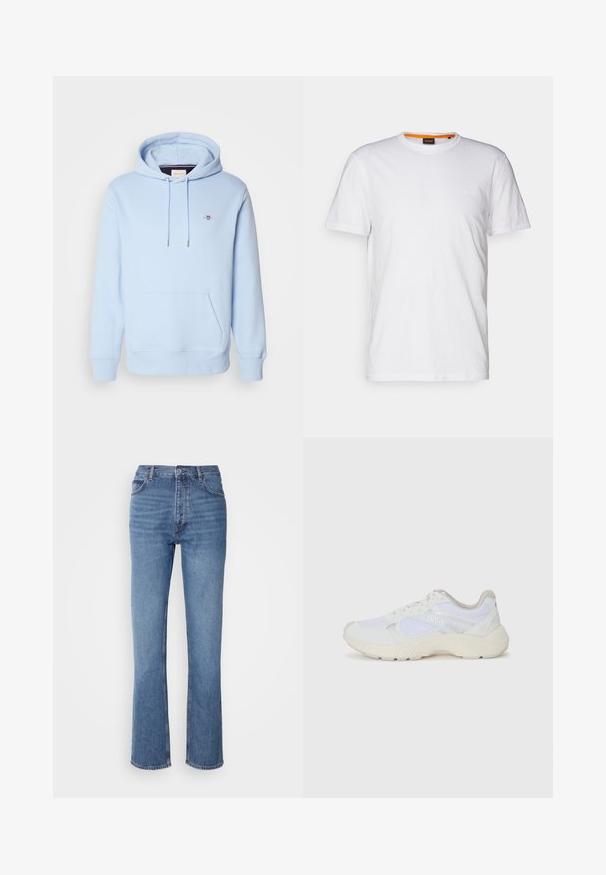 Felpa con cappuccio azzurro chiaro realizzata in morbido cotone, caratterizzata da una tasca a marsupio frontale, cappuccio con lacci e un piccolo logo ricamato sul petto.; T-shirt bianco in cotone con collo rotondo, maniche corte e un logo a rilievo discreto sul petto. L'etichetta interna ha un accento arancione.; Jeans in denim blu con vita alta, design a gamba dritta e leggera sbiaditura. Presentano il classico stile a cinque tasche e chiusura con zip.; Scarpe da ginnastica bianche in mesh e suede, con una suola intermedia testurizzata, dettagli testurizzati e il logo "HUGO" sul lato.