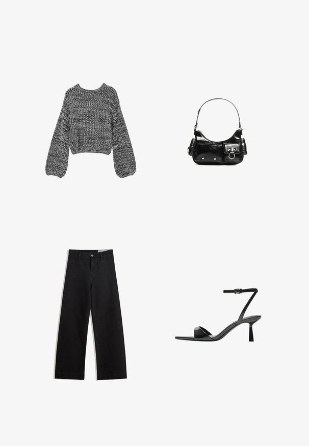 Maglione ritagliato in maglia bicolore, bianco e nero. Vestibilità ampia con maniche larghe e motivo a trame. Collo a giro, orlo inferiore elasticizzato.; Pantaloni in denim neri a gamba larga con vita alta, dotati di tasche anteriori e posteriori, cuciture a punto, e chiusura con bottone. Texture liscia.; Bershka Sandali con tacco - black; Borsa a spalla in vernice nera con forma curvata, una tracolla, tasche frontali e dettagli in metallo argentato.