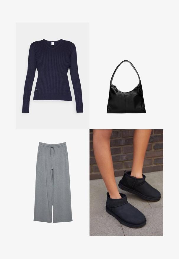 Daily Sports MADELENE - Strickpullover - navy; Graue weit geschnittene Hose aus weichem Stoff, mit einem elastischen Bund und Kordelzug sowie seitlichen Taschen. Glatte Textur, ohne Muster.; Schwarze Ankle Boots aus Wildleder mit einem weichen Innenfutter. Sie verfügen über eine runde Zehenpartie und eine flache, strukturierte Sohle.; Schwarze Leder-Umhängetasche mit glatter Textur, geschwungenem oberen Rand und einem einzigen Tragegurt. Sie verfügt über einen Reißverschluss und ein minimalistisches Design.