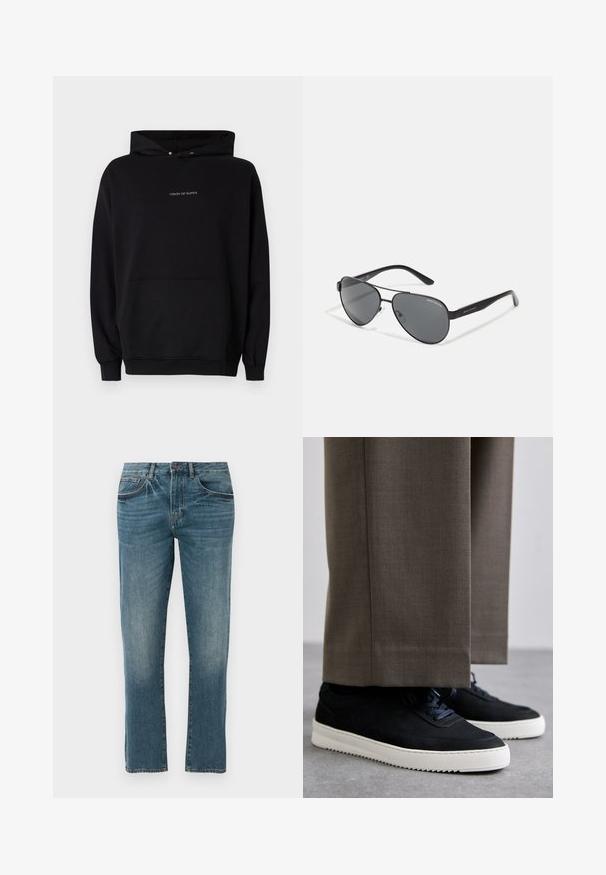 Hoodie nero realizzato in tessuto misto cotone. Presenta una tasca frontale a marsupio, cappuccio con cordoncino e logo bianco sul petto.; Jeans in denim blu medio a gamba dritta, con tasche frontali, chiusura con bottone e sottili dettagli di sfumatura all'altezza dei fianchi.; Sneakers in suede nera con suole in gomma bianca, dotati di punta tonda e lacci, indossati con pantaloni grigi su misura.; Occhiali da sole aviator neri con lenti scure, sottile montatura in metallo e bracci in plastica snodati con accenti del logo.