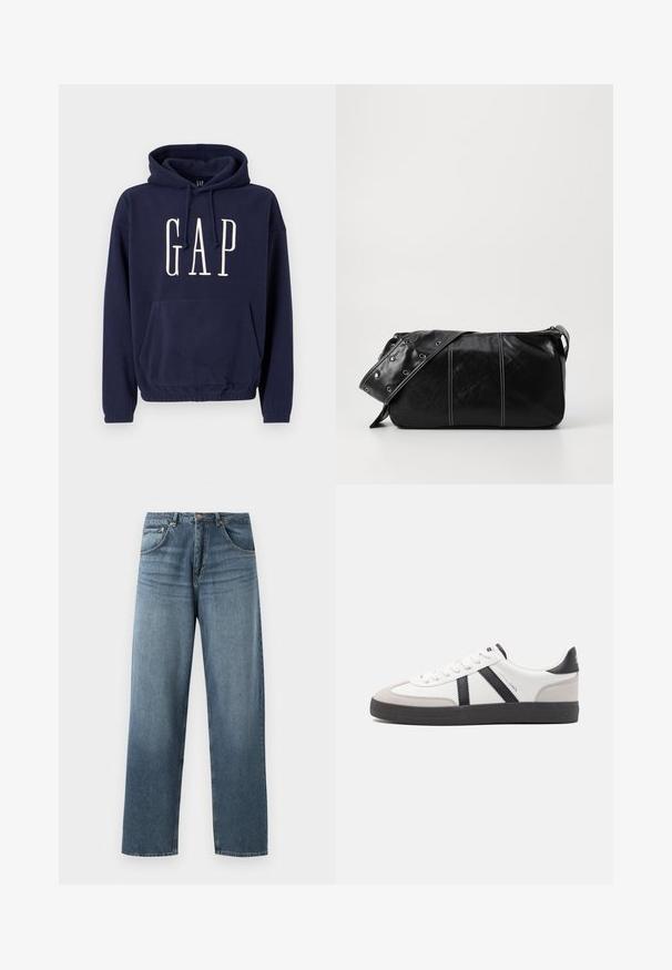 Merensininen huppari, jossa on etutasku ja valkoinen "GAP"-logo rinnan keskellä, vetoketjulla säädettävä huppu ja joustava helma.; Suorat siniset farkut, joissa on haalistunut pesu, viiden taskun muotoilu, metallinen nappi ja vyölenkit. Rakenne on keskikokoista painoa oleva kangas.; Valkoiset lenkkarit mustilla ja harmailla yksityiskohdilla, joissa on teksturoitu harmaa kärki, musta kumipohja ja litteät valkoiset nauhat. Siisti muotoilu, minimalistinen tyyli.; Mustakulmainen nahkainen olkalaukku, jossa on vetoketjukiinnitys, teksturoitu pinta, valkoiset ompeleet ja hihna, jossa on hopeiset niitit.