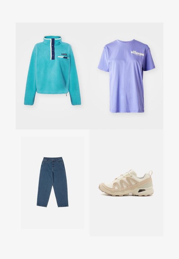 Mėlynas fliso megztinis su tamsiai mėlynu užsegamu apykaklės iškarpa, baltais krašteliais apvytas apykaklė, užtrauktuko krūtinės kišenė ir Columbia logotipo pleistras.; Violetinės medvilninės marškinėliai su apvalia iškirpte, trumpomis rankovėmis ir baltu „ellesse“ logotipo tekstu, atspaustu ant priekio. Lygi tekstūra.; Mėlyni džinsai su laisvu siluetu, aukštu juosmeniu, penkių kišenių dizainu ir siuvinio akcentais. Su mygtuku ir užtrauktuku.; Bežinės ir kreminės spalvos sportinės bateliai su tekstūruoto tinklelio viršutine dalimi, palaikančiomis detalėmis ir guminiais padais, turinčiais raštą, užtikrinantį sukibimą.