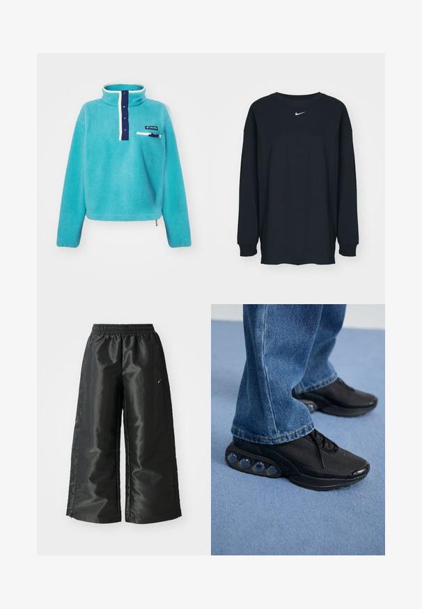 Turkizno flis jopico z mornarsko gumbno zaponko, ovratnikom z belim robom, žepom na prsih z zadrgo in oznako Columbia.; Črna dolgotrajna majica z dolgimi rokavi iz bombaža z okruglim izrezom. Ima bel Nike logo na prsih. Mehek material, preprost dizajn.; Črne atletske hlače iz sijočega, gladkega blaga, z elastiko v pasu, širokimi nogami in majhnim logotipom na levi strani.; Črne športne superge z mrežastim zgornjim delom, teksturiranimi poudarki in vidnimi zračnimi blazinicami v podplatu. Obute z modrimi kavbojkami.