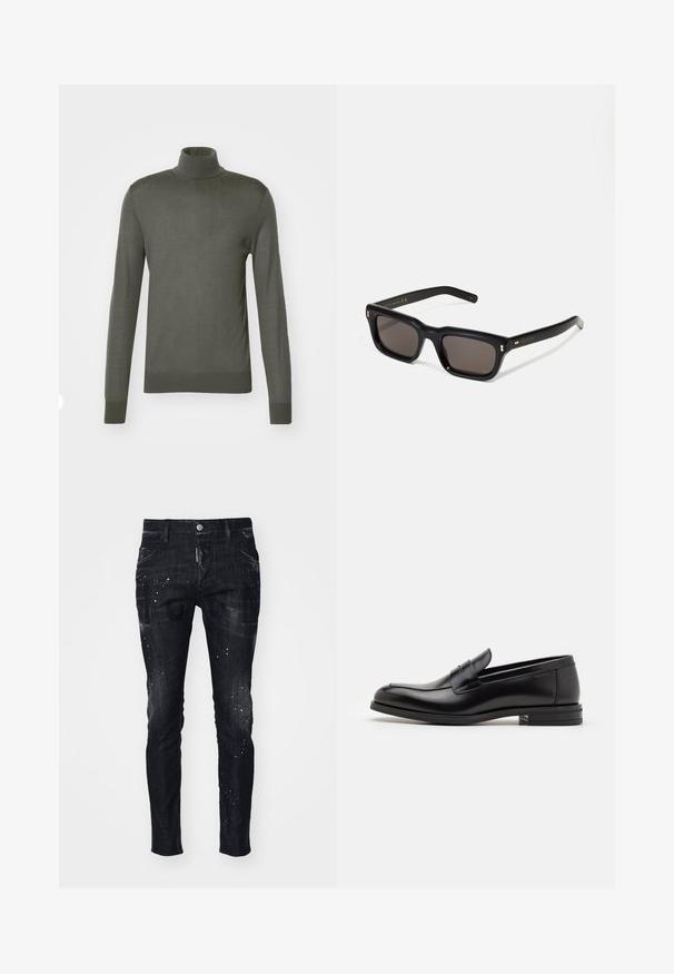 Tiger of Sweden NEVILE - Džemper - pavement; Valge puuvillane golfi särk ilma varrukateta, ümmarguse kaelusega, sileda tekstuuri ja sobiva lõikega, mõeldud igapäevaseks kandmiseks.; Mustad teksapüksid kitsase lõikega, millel on kulunud viimistlus, plekismuster ja esimesed taskud. Esiküljel on nähtav bränd.; Mustad mustad nahast loafers sileda tekstuuriga, ümarat ninaosa ja dekoratiivne riba vampi üle. Madal kihiline konts, minimalistlik disain.; Mustad mustakorruselised prillid tumedate läätsedega, paks plastikraam, kuldsed aksendid templites ning kaubamärgi logo graveeritud käe lilla.