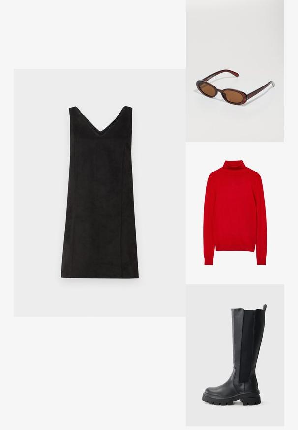 Roter Rollkragenpullover aus weichem Strickstoff. Verfügt über lange Ärmel, eine taillierte Silhouette sowie gerippte Kragen- und Ärmelsäume.; Schwarzes ärmelloses Kleid mit V-Ausschnitt, aus einem weich fließenden Material gefertigt, mit geradem Schnitt und minimaler Verzierung. Glatte Textur.; Schwarze kniehohe Stiefel mit einem glatten Lederoberteil und kontrastierenden elastischen seitlichen Einsätzen. Chunky Gummisohle mit ausgeprägtem Profil.; Runde, braun getönte Sonnenbrillen mit einem glänzenden burgunderfarbenen Rahmen. Schlanke Bügel mit dezentem Branding. Flaches Linsendesign.; Geflochtene burgunderfarbene Lederhandtasche mit runder Form, dickem Griff und Reißverschlussöffnung. Sie zeichnet sich durch eine glatte Textur und ein geflochtenes Muster aus.