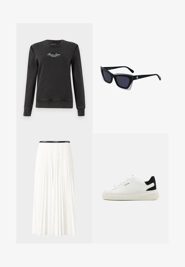 Fekete pulóver, puha anyagból készült, kerek nyakú, hosszú ujjú, és hímzett "Guess Jeans" felirattal a mellkasán.; Plisszírozott fehér szoknya fekete elasztikus derékkal, amelyen a "LACOSTE" logó található. Középhosszú kialakítás, puha tapintással.; Fehér bőr sportcipők vastag fehér talppal, fekete velúr sarokpikkelyel és dombornyomott logóval az oldalon. Fűzős kialakítás, hat fűzőlyukkal.; Fekete, nagyméretű napszemüveg geometrikus formával, sötét lencsékkel és kontrasztos szürke részlettel a kereten. Logó a szárán.