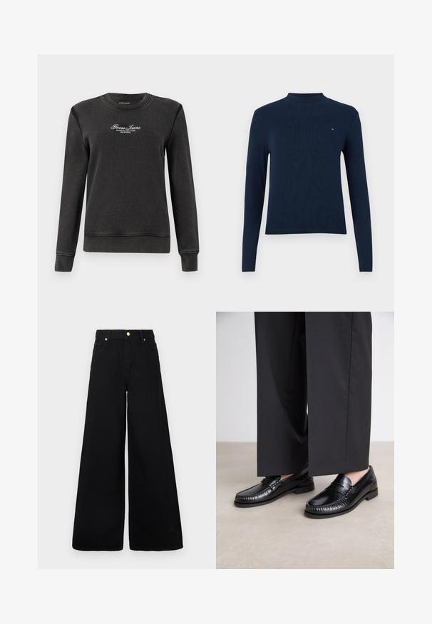 Sweatshirt nero realizzato in morbido tessuto, con scollatura a girocollo, maniche lunghe e testo ricamato "Guess Jeans" sul petto.; Maglione a maniche lunghe blu navy con colletto a dolcevita, texture a coste, caratterizzato da un piccolo logo sul petto, con un design aderente e scollatura rotonda.; Jeans neri a gamba larga in denim, con vita alta, due tasche frontali e dettagli in metallo dorato in vita.; Mocassini in pelle nera con una finitura liscia, dettagli cuciti attorno alla punta e suola in gomma bassa. Abbinati a pantaloni neri larghi.