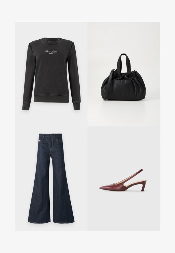 Sweatshirt preto feito de um tecido suave, com um decote redondo, mangas longas e texto bordado "Guess Jeans" no peito.; Jeans de lavagem azul-escura, com corte flare, feitos de denim, apresentando uma cintura alta, detalhes em costura dourada e dois bolsos frontais com fecho de botão.; Sapatos de salto slingback em bordeaux com bico pormenorizado, detalhes recortados na lateral e um salto quadrado de altura média. Acabamento em pele suave.; Bolsa de couro preta com um design de topo franzido, apresentando duas alças curtas e uma alça longa ajustável. Textura suave, formato arredondado.