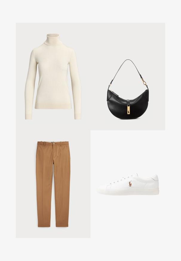 Κρέμα λαιμόκοψη πουλόβερ φτιαγμένο από μαλακό ύφασμα, με μακριά μανίκια και εφαρμοστή σχεδίαση. Περιλαμβάνει ένα μικρό χρυσό λογότυπο στο τελείωμα.; Καφέ βαμβακερό παντελόνι με κομψή γραμμή, επίπεδο μπροστινό μέρος και κανονικές τσέπες; λεία υφή και ραμμένα μανίκια.; Λευκά δερμάτινα sneakers, χαμηλού σχεδιασμού, με απαλή υφή, στρογγυλή μύτη, δέσιμο μπροστά και μικρό κεντημένο λογότυπο στο πλάι.; Μαύρη δερμάτινη τσάντα χειρός σε σχήμα μισού φεγγαριού. Διαθέτει χρυσή μεταλλική λεπτομέρεια και στενό λουρί. Απαλή υφή, κλείσιμο με φερμουάρ στην κορυφή.