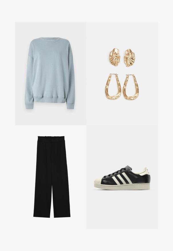 Hollister Co. BRANDED - Φούτερ - tradewinds; Μαύρο παντελόνι με φαρδιά πόδια και ριχτό μέσο, που διαθέτει δύο πλαϊνές τσέπες και ύφασμα απαλό και ελαφρύ. Χωρίς ορατά μοτίβα ή μεταλλικά εξαρτήματα.; Μαύρα δερμάτινα sneakers με λευκές ρίγες, καουτσούκ προστατευτικό στην μύτη, μαύρα κορδόνια και κρεμ outsole. Λείος υφής με γυαλιστερή φινίρισμα.; Χρυσά σκουλαρίκια με υφή, κυματιστά σχήματα. Περιλαμβάνουν γλυπτικά κλιπ-σε σκουλαρίκια και σχέδιο ανοιχτού σκουλαρικιού με σφυρήλατη επιφάνεια.