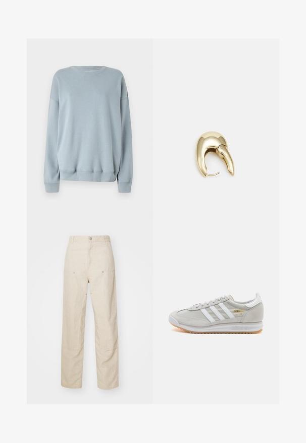 Hollister Co. BRANDED  - Ikdienas džemperis - tradewinds; Bēša lina bikses ar brīvu piegriezi, ar sānu kabatām un dekoratīvām šuvēm, bezšuvju jostasvietu un taisnām kājām.; Gaišpelēka kedas, izgatavotas no zamša un sieta, ar trim baltām svītrām, apaļu purngalu un gumijas zoli. Zelta logo akcenta detaļa blakus auklām.; Zeltīti metāla auskari ar gludu, izliekta dizaina. Ar atšķirīgu smailu formu, pulētu virsmu un eņģu aizdari.