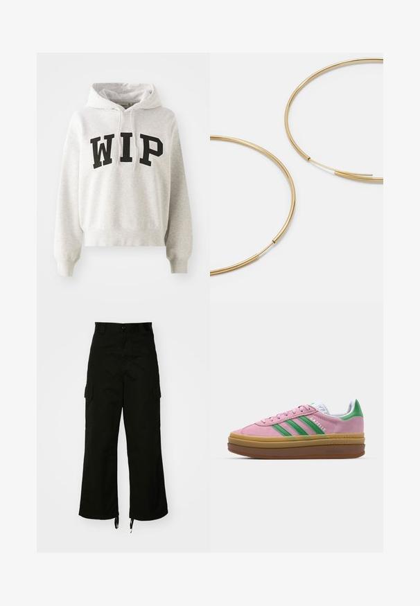 Hoodie grigio chiaro con un design corto, con la scritta nera in grassetto "WIP" sulla parte anteriore. Tasca a marsupio classica e cappuccio con cordino.; Pantaloni cargo neri realizzati in cotone, con gamba larga, tasche laterali e orli con cordino. Il design include una chiusura con bottone in vita.; Sneakers in suede rosa con strisce verdi, dettagli bianchi e suola in gomma marrone. Presentano un tessuto testurizzato e un logo sulla parte laterale.; Orecchini a cerchio color oro, sottili e rotondi, con una finitura metallica liscia e senza decorazioni o motivi.