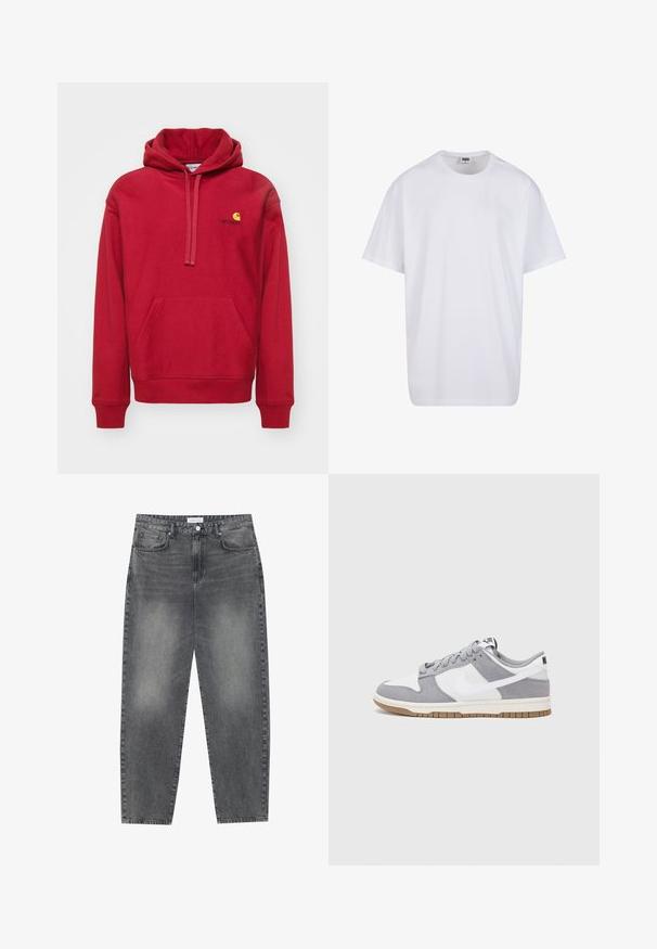 Carhartt WIP HOODED AMERICAN SCRIPT - Kapuzenpullover - tuscany; Weiße Baumwoll-T-Shirt mit kurzen Ärmeln, rundem Ausschnitt, lockerer Passform und ohne sichtbare Logos oder Muster. Glatte Textur und minimalistisches Design.; Hoch taillierte, locker sitzende Jeans aus verwaschenem schwarzem Denim. Verfügt über fünf Taschen, Gürtelschlaufen und ein sauberes, gerades Bein-Design.; Graue und weiße Sneaker mit einem Obermaterial aus Wildleder und Leder, abgerundeter Spitze, flachen Schnürsenkeln und einer Gummisohle mit einem Kautschukakzent.