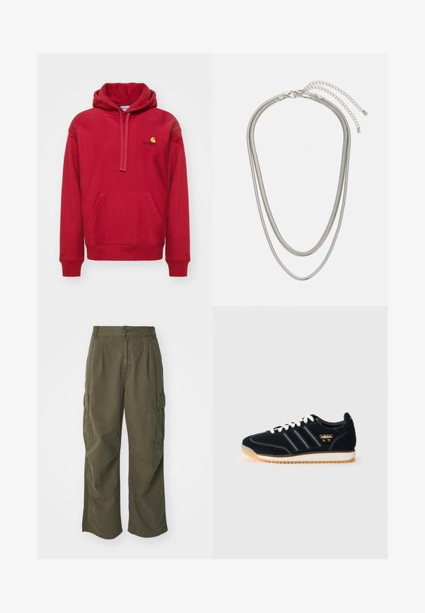 Carhartt WIP HOODED AMERICAN SCRIPT - Sweat à capuche - tuscany; Pantalons cargo en vert olive, en coton, avec une coupe large, des plis et des poches latérales pour plus de praticité.; Baskets en daim noir avec des lacets blancs, trois rayures blanches sur le côté, des accents texturés et une semelle en caoutchouc légèrement teintée d'orange.; Collier en métal argenté à trois couches présentant des chaînes flexibles et élégantes avec un léger éclat, sécurisé par un fermoir en forme de homard et une chaîne ajustable.