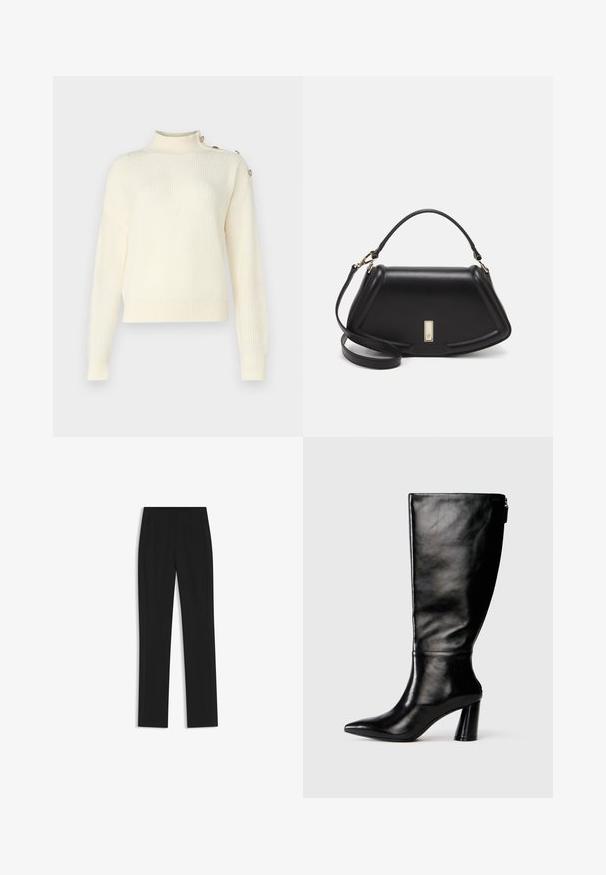 Cream-colored, ribbed knit sweater with a high neck and buttons on the shoulder. Features long sleeves and a relaxed fit.; Black tailored trousers with a straight-leg design, featuring front pockets and a smooth, textured fabric. Neat, minimal detailing.; Knee-high black leather boot with a pointed toe, smooth texture, and a chunky heel. Features a zipper detail at the back.; Black leather handbag with a structured design, featuring a cropped shape, top handle, and gold hardware accent. Adjustable shoulder strap included.