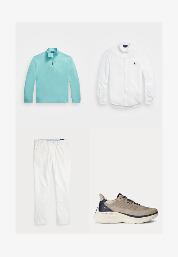 Pullover azul claro com um fecho de zíper de um quarto, mangas longas e um pequeno logótipo bordado no lado esquerdo do peito. Textura suave.; Camisa branca de manga longa, com colarinho e botões, apresentando um pequeno logótipo bordado em azul marinho. Tecido de algodão com uma textura suave.; Chinos brancos feitos de algodão, com frente lisa, passadores de cinto, dois bolsos laterais e um único bolso traseiro. Textura suave com perna reta.; Sapatilha atlética bege com parte superior em malha texturizada, detalhes em azul-marinho, sola branca espessa e um design intrincado. Possui atacadores e logótipo.