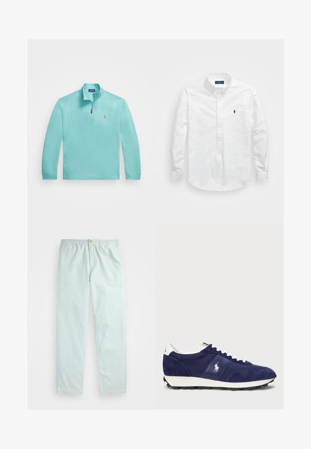 Lyseblå genser med kvart glidelås, lange ermer og en liten brodert logo på venstre bryst. Glatt tekstur.; Hvit skjorte med knapper laget av bomull. Har spiss krage, lange ermer og en liten marineblå logo på brystet. Glatt tekstur.; Lyseblå, avslappede bukser med elastisk linning, med sidelommer og en enkelt knappelukking foran.; Marineblå sneakers med en kombinasjon av semsket skinn og stoff, hvite snøringer, såle av gummi, og en liten logo på siden.