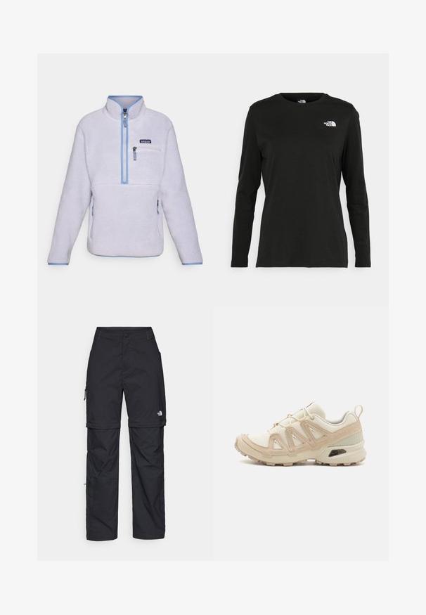 Pullover de fleece na lavanda claro com colarinho de meio zíper, bordas em azul contrastante, bolso no peito e tecido texturizado. Dois bolsos laterais.; T-shirt preto de mangas longas, feito de algodão, com decote redondo. Apresenta um pequeno logótipo branco na área esquerda do peito. Design simples e ajuste confortável.; Calças cargo pretas em nylon com fechos de correr removíveis, punhos ajustáveis, múltiplos bolsos e um logótipo na perna direita. Textura suave e leve.; Sapatilha atlética beige e creme com parte superior em malha texturizada, sobreposições de suporte e sola de borracha com um padrão de cravo para tração.