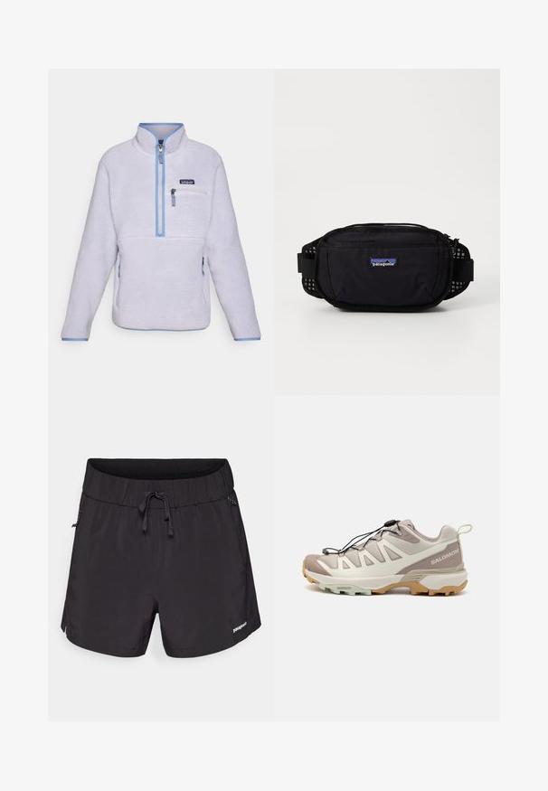 Világos levendula színű, félcipzáros pulóver fleece dzseki, kontrasztos kék díszítéssel, mellzsebbe pakolható és texturált anyagból készült. Két oldalsó zsebbel.; Fekete fürdőnadrág könnyű anyagból, rugalmas derékpánttal, húzózsinórral és oldalzsebekkel a funkcionalitás érdekében.; Könnyű terepfutó cipő bézs és szürke hálós felsőrészsel, fekete fűzősorral és rugalmas gumi talppal, amelyén barack és mentazöld szín található. Diszkrét márkajelzés.; Fekete Patagonia deréktáska cipzáras fő rekesszel, oldalsó hálós díszítéssel és állítható pánttal. A táska elején logóval ellátva.