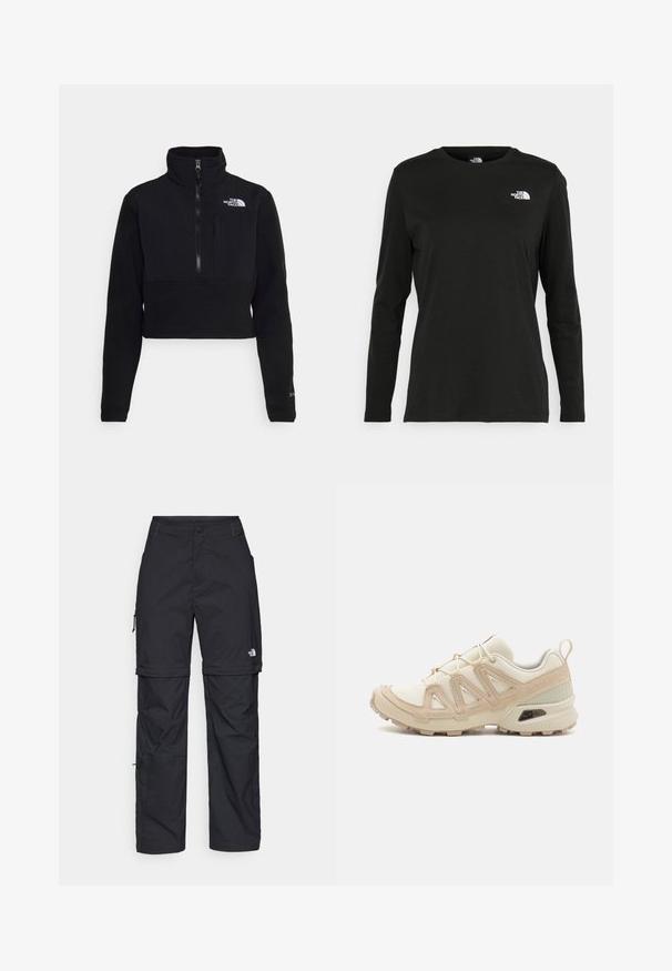 Giacca in fleece nera tagliata con colletto alto, chiusura con zip a metà e tasca con zip sul davanti. Presenta un logo bianco sul petto.; T-shirt nera a maniche lunghe in cotone con colletto rotondo. Presenta un piccolo logo bianco sul lato sinistro del petto. Design semplice e vestibilità comoda.; Pantaloni cargo in nylon nero con zip rimovibile, polsini regolabili, molteplici tasche e un logo sulla gamba destra. Tessuto liscio e leggero.; Scarpa atletica beige e crema con tomaia in mesh testurizzato, sovrapposizioni supportive e suola in gomma con un motivo a tasselli per la trazione.