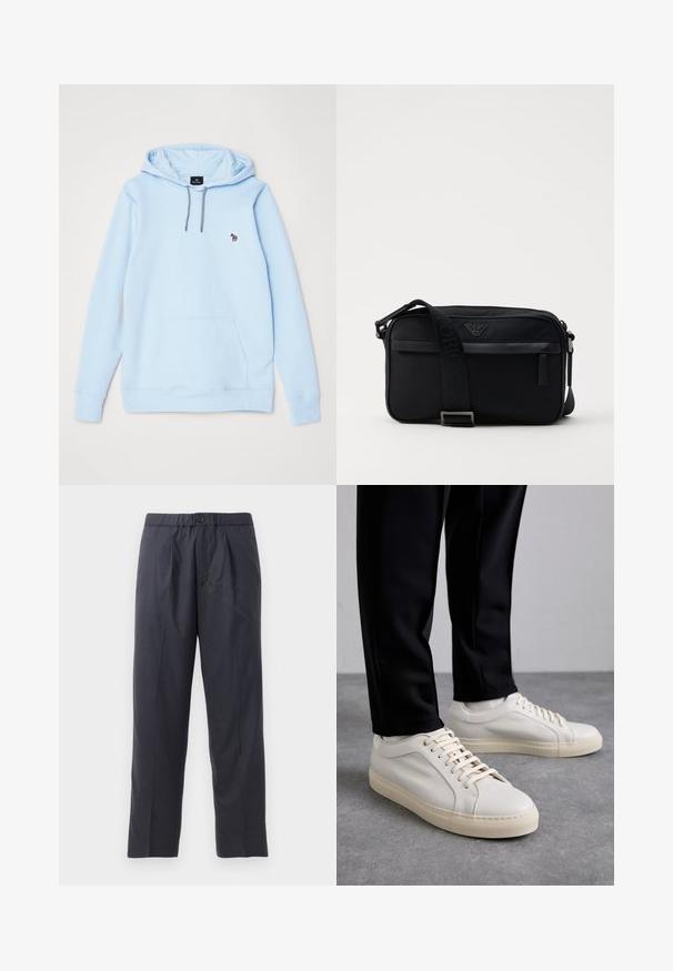 Ljusblå huvtröja i mjukt material med känguruficka, justerbara grå snörningar och en liten broderad design på bröstet.; Mörk marinblåbyxor av mjukt tyg med veckad design fram och elastisk midja. Har en knappstängning och rak benöppning.; Ljust beige läder sneakers med platta snören, en strukturerad yta och en kontrasterande gummisula i krämfärg, parat med svarta avsmalnande byxor.; Svart nylon axelväska med en kontrasterande rem, snygg rektangulär form, logodetalj och en blixtlåsficka på framsidan.