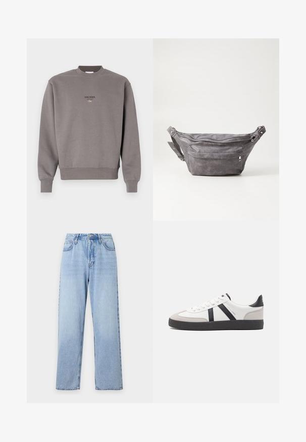 Pelēks kokvilnas sv sweatshirt ar ribotām apkaklītēm un piedurknēm, ar tumšu tekstu "ESS.WRD." izdrukātu priekšā.; Gai zilu džinsi ar taisnu piegriezumu, augstu vidukli, piecām kabatām un augšējo pogu aizdari. Iezīmēts ar izbalējušu mazgāšanu un kontrastējošu šuvju. ; Baltas sneakeris ar melniem un pelēkiem akcentiem, kuram ir teksturēts pelēks purngals, melna gumijas zole un plakanas baltas šņores. Tīrs dizains, minimālisma stils.; Pelēks zamšādas jostas somiņa ar noapaļotu formu, divām kabatām ar rāvējslēdzējiem un regulējamu siksnu. Iekļauj metāla aksesuārus.