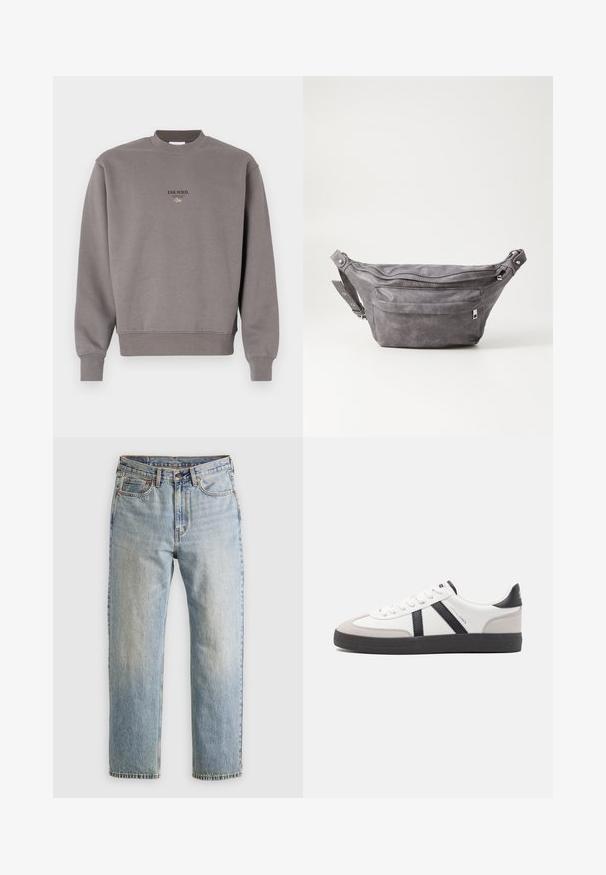 Halli puuvillane sviiter, millel on soonikkoes kaelus ja varrukaotsad, ees on tume kiri "ESS.WRD.".; Heledad hele sinine teksapükste kõrge vöökoht, ees nupuga, lukuga ja viie taskuga disain, asetatud tasasele neutraalsele taustale.; Valged tossud mustade ja hallide aktsentidega, tekstureeritud halli varbakattega, musta kummitald ja lamedad valged paelad. Puhtad jooned, minimalistlik stiil.; Hallikate nahast vöö kott, millel on ümar kuju, kaks tõmblukuga taskut ning reguleeritav rihm. Varustatud metallist detailide aktsentidega.