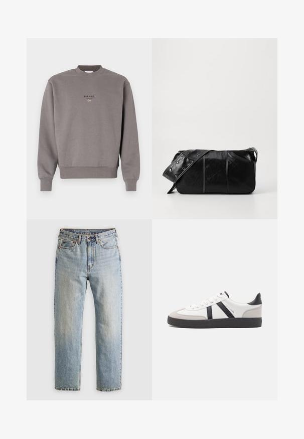 Pilkas medvilnės džemperis su giliu apykaklės ir rankogalių raštu, su tamsiu tekstu "ESS.WRD." spausdintu priekyje.; Šviesiai mėlynos džinsinės kelnės su aukštu liemeniu, priekyje mygtukas, užtrauktukas ir penkių kišenių dizainas, išklotos ant neutralios fono.; Balti sportbačiai su juodais ir pilkais akcentais, pasižymintys tekstūruotu pilku pirštų dangteliu, juoda gumine padais ir plokščiomis baltomis raišteliais. Švarus dizainas, minimalistinis stilius.; Juodas odinis pečių krepšys su užtrauktuku, turintis tekstūruotą paviršių, baltą siuvinėjimą ir dirželį su sidabinėmis metalinėmis detalėmis.
