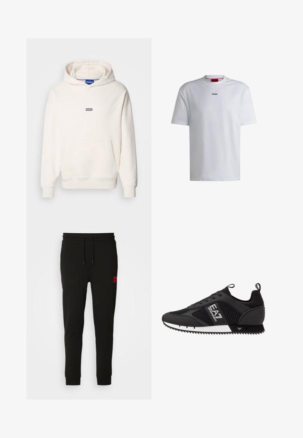 Helle cremefarbene Kapuzenjacke aus Baumwollmischung, mit einer großen Fronttasche, gerippten Bündchen und einem kleinen schwarzen "HUGO"-Logo auf der Brust.; Weißes Baumwoll-T-Shirt mit kurzen Ärmeln, rundem Halsausschnitt und einem schwarzen "HUGO"-Logo auf der Brust. Glatte Textur, lässige Passform, kein Muster.; Schwarze Sweatpants aus weichem Stoff, mit einem Kordelzugbund, schmaler Passform und einem rotenLOGO-Patch am linken Oberschenkel.; EA7 Emporio Armani Sneaker low - black/white