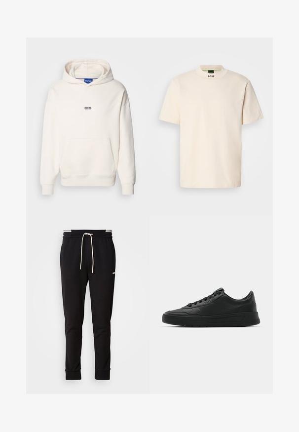 Haut à capuche beige clair en mélange de coton, avec une grande poche avant, des poignets côtelés et un petit logo noir "HUGO" sur la poitrine.; T-shirt crème à manches courtes avec un col haut, arborant "BOSS" imprimé en noir au niveau du cou avant et de l'étiquette intérieure.; Pantalons de jogging noirs slim-fit avec cordon blanc, poignets côtelés et logo discret sur la cuisse, sur fond uni.; Baskets noires avec tige en cuir lisse, bout rond, lacets plats, col rembourré et design minimaliste. Semelle en caoutchouc avec un motif de traction subtil.