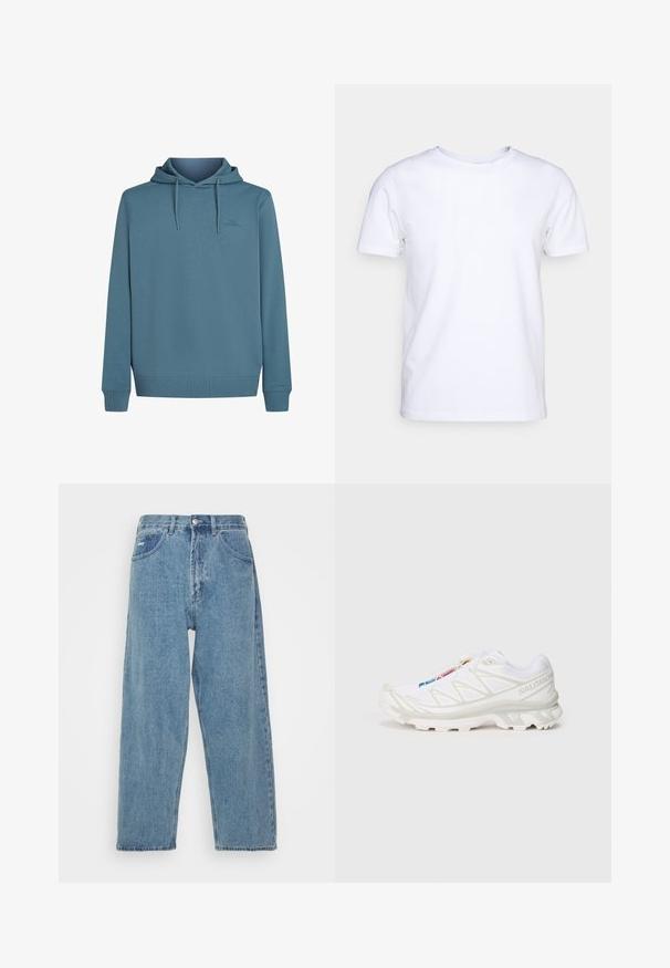 Hooded sweatshirt in soft, textured blue fabric. Features drawstrings, a front pocket area, and a small logo on the chest.; White short-sleeve t-shirt in cotton fabric with a round neckline. Simple design with no patterns or accents. Smooth texture.; Light blue denim jeans with a high-waist, relaxed fit, featuring two front pockets, a back patch pocket, and a button closure.; White athletic shoe with textured mesh upper, reflective accents, and a cushioned sole. Notable brand logo on the side.