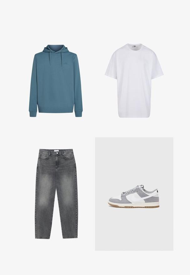 Mikina s kapucňou z mäkkého, štrukturovaného modrého materiálu. Obsahuje šnúrky, prednú vreckovú časť a malé logo na hrudi.; Biela bavlnená tričko s krátkymi rukávmi, okrúhlym výstrihom, uvoľneným strihom a žiadnymi viditeľnými logami alebo vzormi. Hladká textúra a minimálny dizajn.; Vysoké, voľné džínsy z vyblednutého čierneho denimu. Obsahujú päť vreciek, pútka na opasok a čistý, rovný strih nohavíc.; Sivé a biele tenisky s vrchom z semišu a kože, zaoblenou špičkou, plochými šnúrkami a gumovou podrážkou s akcentom vo farbe gumy.