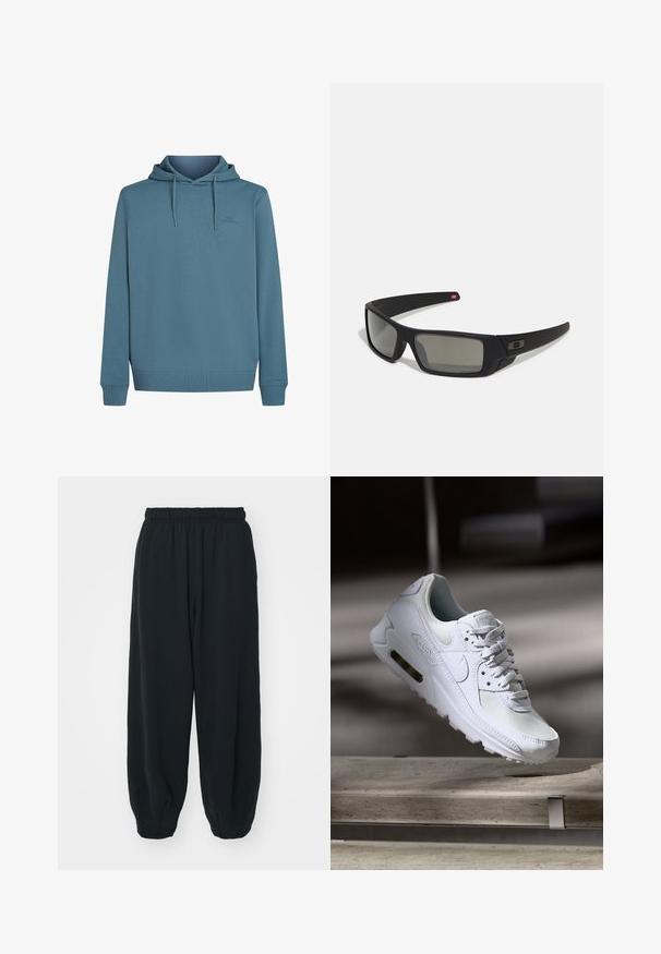 Kapuzensweatshirt aus weichem, strukturiertem blauen Stoff. Mit Kordelzügen, einem Fronttaschenbereich und einem kleinen Logo auf der Brust.; Schwarze Sweatpants mit elastischem Bund, lockerer Passform, gerippten Beinabschlüssen, glatter Textur und ohne sichtbare Muster oder Hardware-Akzente.; Weiße Nike Air Max 90 Sneaker mit einem Obermaterial aus Mesh und Leder, durchlässigem Zehenbereich und einer sichtbaren Air-Einheit in der Ferse.; Schwarze Sonnenbrille mit matter Oberfläche, rechteckigen Gläsern, leichtem Bogen an den Schläfen, dezentem Logo-Detail und rauchgetönten Gläsern.