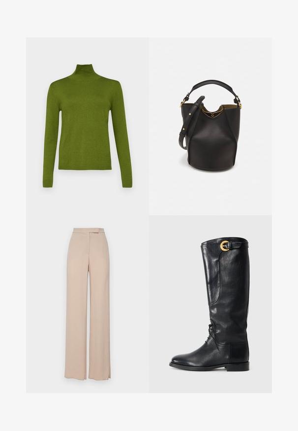 WEEKEND MaxMara KIKU - Pulóver - verde; Beige, bő szárú nadrág könnyű anyagból. Simogatós textúrával, elülső zsebekkel és diszkrét derékpánt kialakítással rendelkezik.; Fekete bőrből készült, térd fölé érő csizma, lekerekített orral, fűzős elülső résszel, oldalsó díszítéssel és arany színű csattal a tetején. Simább textúra.; Fekete bőr vödör táska texturált felülettel, arany hardware részletekkel és nyitott tetejével. Rövid fogantyúval és állítható vállpánttal rendelkezik.