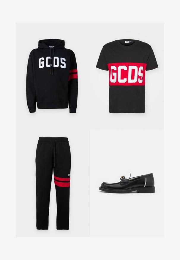 Svart sweatshirt i bomull med en vit "GCDS"-logotyp på framsidan och två röda ränder på vänster ärm. Justerbar dragsko i huvan.; GCDS BAND LOGO REGULAR - T-shirt med print - black; Svarta sweatpants med kontrasterande röda ränder och logotyp på sidan. Har en elastisk midja med dragsko och avsmalnande ankle cuffs.; Svart läder loafer med rund tå, vita accenter och guldfärgad detalj på ovansidan. Har en texturerad lapp och staplad klack.