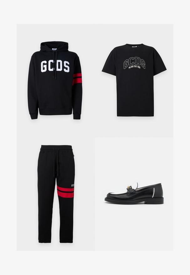 Crna dukserica od pamuka s bijelim "GCDS" logotipom sprijeda i s dvije crvene pruge na lijevom rukavu. Kapuljača s podešavanjem.; Crna pamučna majica s kratkim rukavima. Ima bijeli GCDS logo i tekst "MILANO ITALY 1988" u luku. Standardni kroj i okrugli izrez.; Crne trenirke s kontrastnim crvenim prugama i logom sa strane. Imaju elastičnu struk i vezicu te su sužene na gležnju.; Crni kožni loafer s zaobljenim nožnim dijelom, bijelim akcentima i zlatnim detaljima na prednjem dijelu. Ima teksturiranu zakrpu i složeni potplat.