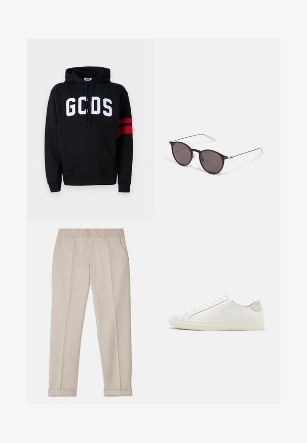 Felpa nera in cotone con logo "GCDS" bianco sul davanti e due strisce rosse sulla manica sinistra. Cappuccio con cordini regolabili.; Filippa K TERRY CROPPED TROUSERS - Pantaloni - sage melange; Sneaker bianca in pelle con superficie liscia, punta rotonda e design minimalista. Presenta dettagli beige sul tallone e una suola in gomma.; Occhiali da sole neri rotondi con lenti scure e sottili bracci in metallo. Include punte trasparenti e accenti argentati alla cerniera. Design minimalista.