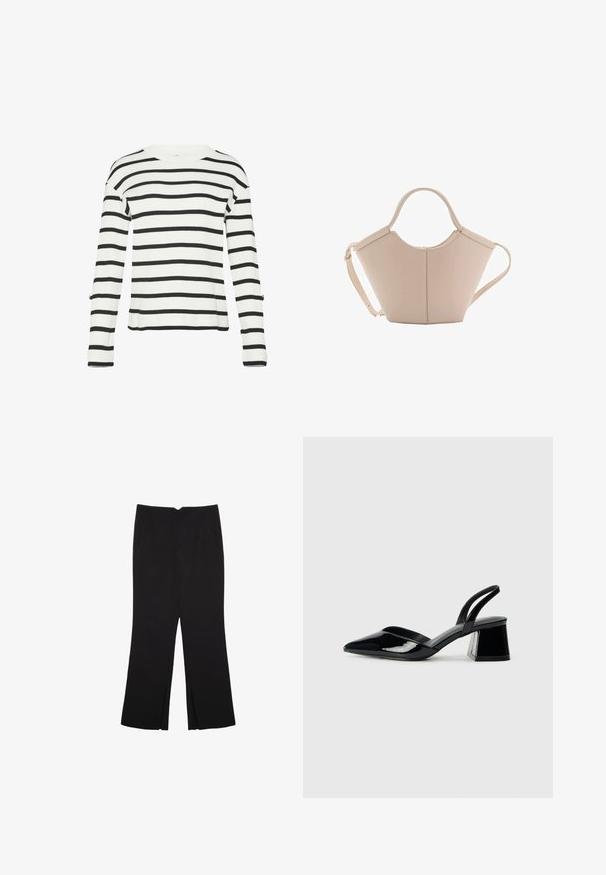 Biały sweter z długim rękawem w czarne poziome paski, o żeberkowej fakturze, okrągłym dekolcie i bocznych rozcięciach u dołu.; Czarne spodnie o prostym kroju, z przednimi kieszeniami i bocznymi rozcięciami na dole. Wykonane z miękkiego, gładkiego materiału. Odpowiednie na różne okazje.; Czarne lakierowane półbuty na obcasie z wydłużonym noskiem i geometrycznym słupkiem. Charakteryzują się eleganckim, minimalistycznym designem oraz gładką fakturą.; Beżowa skórzana torebka o unikalnym kształcie, z dwoma krótkimi uchwytami i długim, regulowanym paskiem. Gładka tekstura z minimalną ilością elementów metalowych.