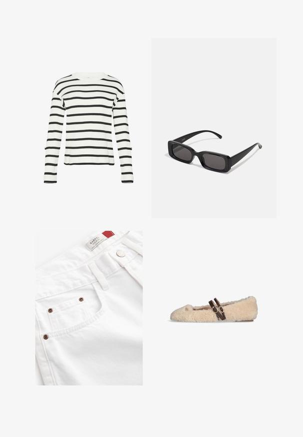 White long-sleeve sweater with black horizontal stripes, ribbed texture, crew neckline, and side slits at the hem.; White denim shorts featuring a mid-rise design, five-pocket style, and copper-tone hardware accents. Textured fabric with stitched detailing.; Beige fuzzy flat shoe with two dark brown adjustable buckle straps across the top and a small gold emblem near the toe.; Black rectangular sunglasses with dark lenses, glossy finish, wide arms, and a chunky frame design. Engraved brand name on one arm.; Liebeskind Berlin KAYLA SATCHEL - Handbag - schwarz