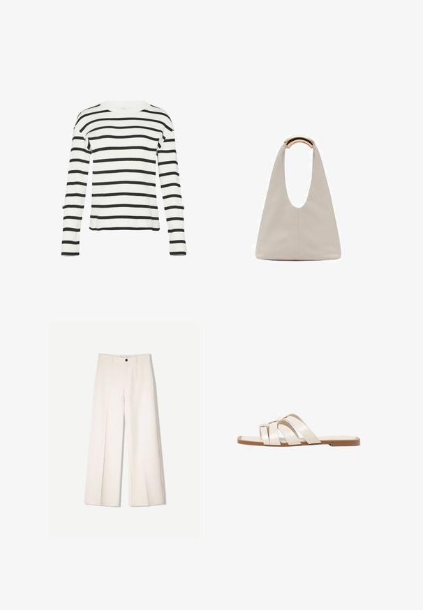 Biely sveter s dlhým rukávom, čiernymi horizontálnymi pruhmi, ribbovanou textúrou, okrúhlym výstrihom a bočnými rozparkami na leme.; Krémové široké nohavice s nohavicami na mieru, s dvoma prednými vreckami a jedným predným zapínaním na gombík, vyrobené z hladkej tkaniny.; Ploché sandále s hnedou gumovou podrážkou, navrhnuté s tromi prekrývajúcimi sa bielymi koženými popruhmi a malou mašličkou uprostred.; Svetlosivá kožená taška s U-tvarom a zakrivenou kovovou rukoväťou. Hladký povrch s minimálnym prešívaním a bez viditeľných vzorov.