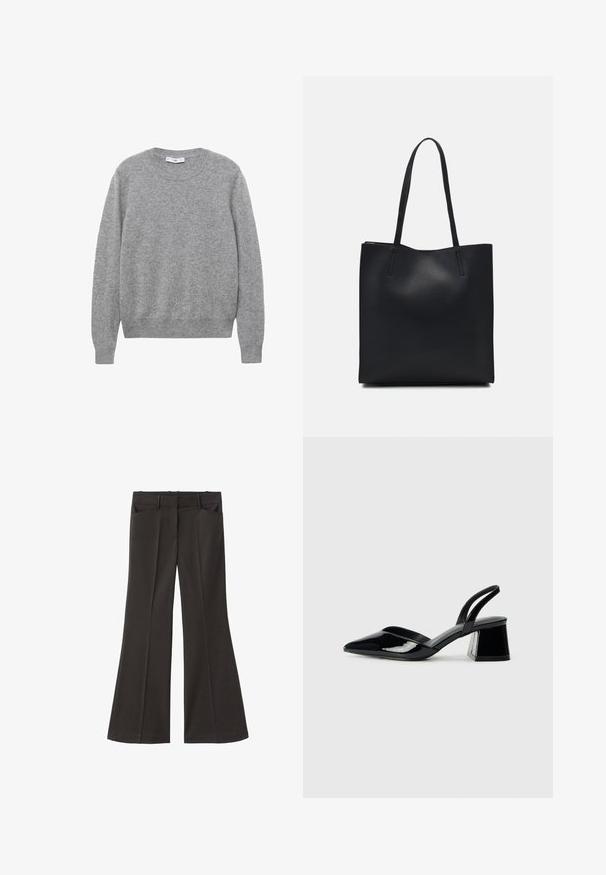 Grijze wollen trui met een ronde hals, lange mouwen en ribgebreide manchetten en zoom. De textuur lijkt zacht en lichtjes gestructureerd.; Zwarte flared broek met een hoge taille; beschikt over twee voorkeurszakken en een gladde stoftextuur. Geschikt voor verschillende gelegenheden.; Zwarte gepatineerde leren slingback hakken met een spitse neus en een geometrische blokhak. Kenmerkt zich door een slank, minimalistisch ontwerp en een gladde textuur.; Zwarte leren handtas met een gladde textuur, rechthoekige vorm en twee lange handvaten. Geen zichtbare hardware of versieringen.