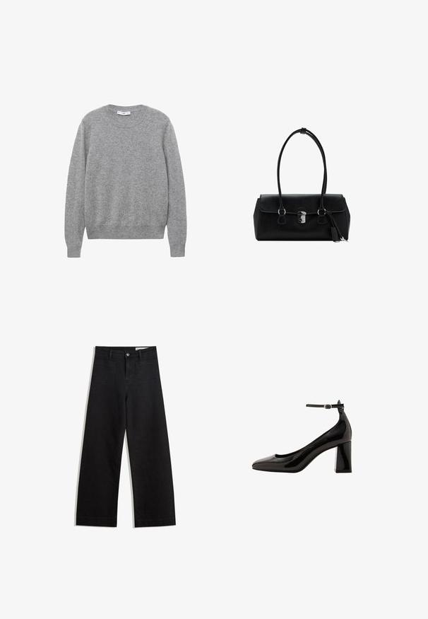 Grauer Wollpullover mit rundem Ausschnitt, langen Ärmeln und gerippten Bündchen und Saum. Die Textur wirkt weich und leicht strukturiert.; Schwarze weit geschnittene Jeans mit hoher Taille, ausgestattet mit Vorder- und Hintertaschen, gesteppten Nähten und einem Knopfverschluss. Glatte Textur.; Schwarze Lackleder-Pumps mit Knöchelriemen und glänzender Oberfläche, spitzer Zehenform und dickem Blockabsatz. Sanfte Textur, minimalistische Details.; Schwarze Lederhandtasche mit glatter Textur, strukturiertem Design, doppelten Griffen und einem silbernen Verschlussdetail in der Mitte.